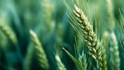 Close up of a ripe golden wheat stalk swaying gently in a field with a soft green blurred background