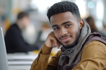 Close-up photo of a smiling young Muslim man in a bib and brown shirt sitting in the office, looking thoughtfully at his laptop screen, resting his chin on his hand, reflecting, Generative AI