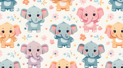 Obraz premium Adorable seamless pattern featuring cute pastel elephants and flowers. Perfect for kids' products, textile design, branding, social media, and more. Minimalist style