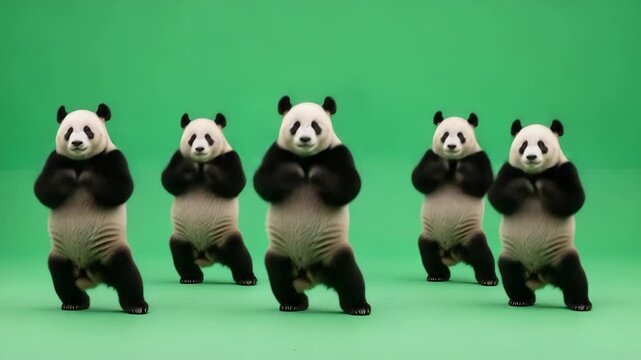 Playful pandas strike a pose against a solid green background.