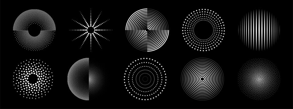 Ripple dot pattern set with white circular halftones, concentric rings and radial bursts on black. Geometric spirals, starburst points and wave lines for minimalist design or optical illusion effects.