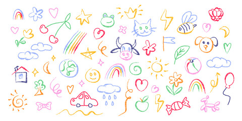 Kid school doodles with colorful rainbow and flowers, hearts and stars, clouds and animals for playful designs. Childlike drawings with house and car for classroom decorations or educational materials