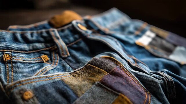 A pair of jeans with patches sewn into the pockets. The patches are in different colors and sizes. Closeup patchwork repairing blue denim jeans, sustainable fashion practices, cozy natural muted light