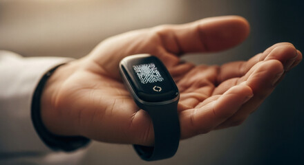 Fototapeta premium A person's hand holds a modern wearable device displaying a QR code on its screen, suggesting digital access or information sharing.