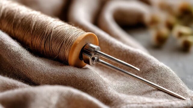 A needle with a sharp point is on a piece of cloth. The needle is on a table. Closeup sewing machine needle with natural linen fabric, sustainable fashion practices, warm muted background