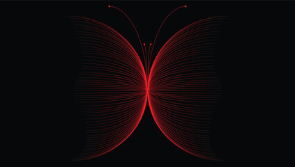 Abstract Glowing Red Butterfly Light Lines on Black Background, Futuristic Symmetrical Neon Fractal Wings Digital Art