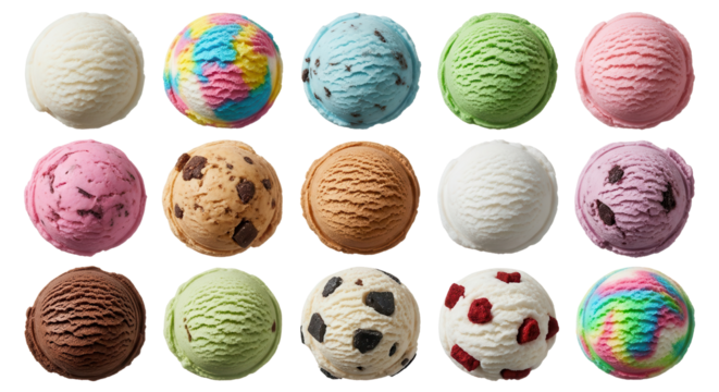 Variety of different ice cream scoops flavor selection isolated PNG with Transparent Background