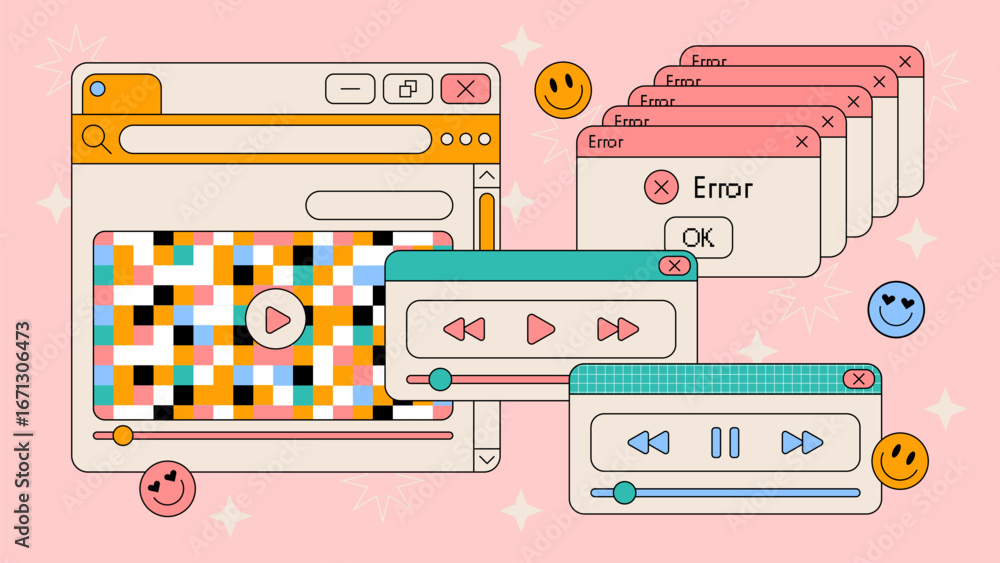 Leinwandbilder retro ui interface elements with browser window, error messages and media player controls for web de