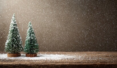 Two small snow covered pine trees on a wooden surface in snowfall