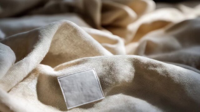 A white fabric with a tag on it. The tag is white and has a black border. The fabric is folded. Closeup organic cotton label on natural fabric, sustainable fashion practices, minimal soft light