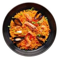 Fototapeta premium Paella seafood rice, isolated on white and transparent background