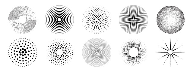Ripple dot pattern circles with halftone gradients, concentric rings and radial designs for abstract graphics. Spiral formations, pointillism textures and geometric bursts for minimalist digital art.