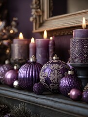 purple christmas ornaments on mantelpiece with candles