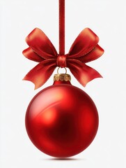 red christmas ornament with ribbon holiday season decoration festive celebration xmas decor bauble isolated 100 on transparent background