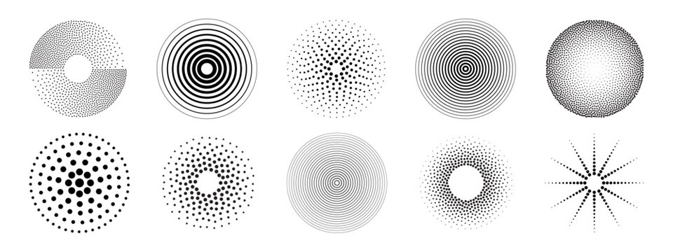 Ripple dot pattern circles with halftone gradients, concentric rings and radial designs for abstract graphics. Spiral formations, pointillism textures and geometric bursts for minimalist digital art.