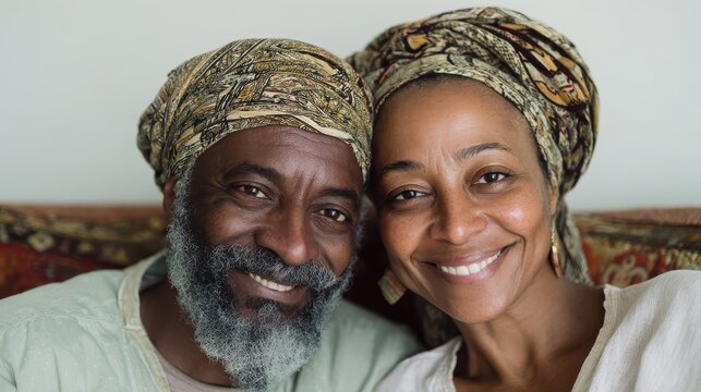 portrait of mid adult happy african american couple hugging at home while sitting on couch portrait of mature man with his woman wearing traditional turban looking at camera black mid adult couple n