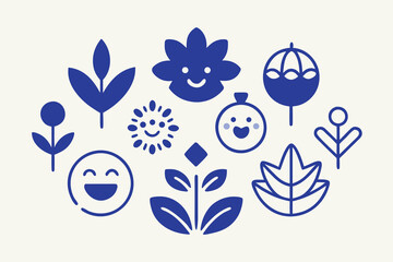 Blue Floral Icons Featuring Smiling Faces and Botanical Elements on Cream Background