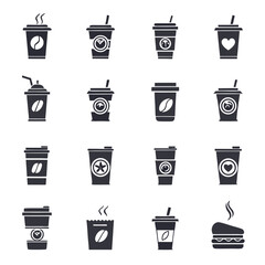 Coffee cups and coffee bean bag displayed with simple black silhouette icons