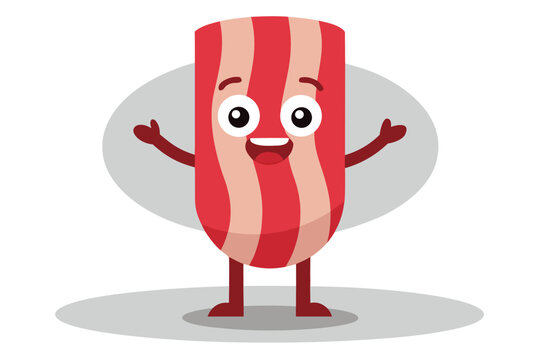 Cartoon Bacon Strip Character with Arms, Legs, and Happy Expression on White