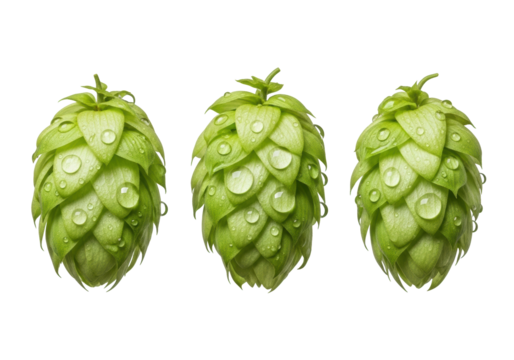 Three vibrant green hop cones with intricate textures and glistening water droplets, precisely aligned on a transparent background, macro product photography concept of freshness and purity