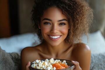 Close-up photo of a happy young woman at home, sitting on the couch, holding her chin with her hand, using the phone with a smile, texting, and reading good news, Generative AI