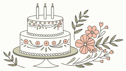Elegant birthday cake with flowers and candles vector illustration for celebrations and party designs use 100