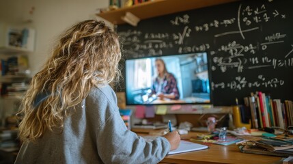 young student watching lesson online and studying from home young woman taking notes while looking at computer screen following professor doing math on video call girl studying from home on pc no log