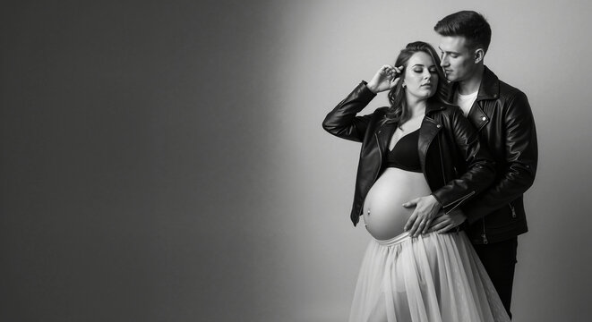 Pregnant couple in leather jackets with exposed belly in studio portrait. Edgy maternity fashion for modern pregnancy announcements and lifestyle content
