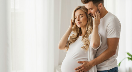 Naklejka premium Pregnant couple embracing with man hands on woman belly at home. Prenatal bonding and partnership support during pregnancy for family lifestyle content