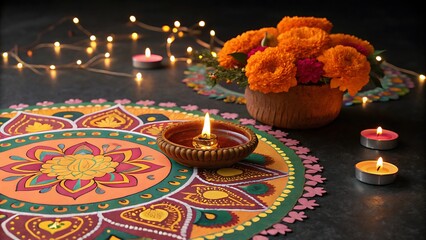 Diwali Rangoli with Lit Diya, Marigold Flowers, and Festive Lights