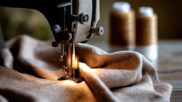 A sewing machine is sitting on a table with a piece of fabric in front of it. Closeup sewing machine stitching natural linen fabric, sustainable fashion practices, warm muted background