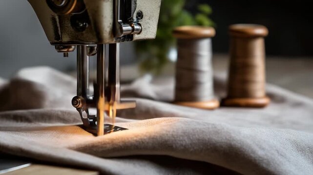 A sewing machine is in use on a piece of fabric. A spool of thread is next to the machine. Closeup sewing machine stitching natural linen fabric, sustainable fashion practices, warm muted background