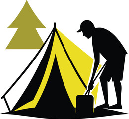 Fototapeta premium Silhouette of Person Setting Up a Tent