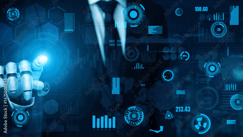 Poster a businessman in a suit uses advanced technology to interact with data visualizations, symbolizing d