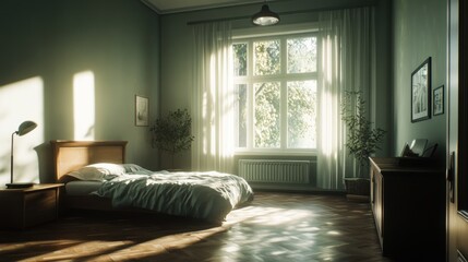 Peaceful bedroom with sunlight streaming through window creating a calming atmosphere