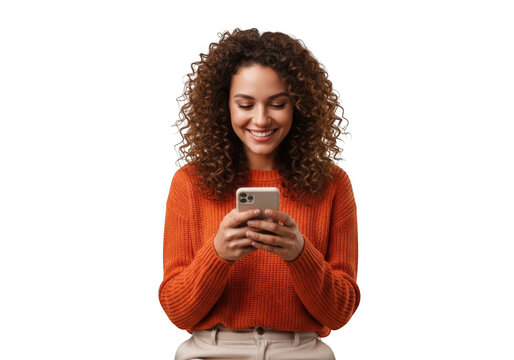 A young woman with curly brown hair smiling while looking at her smartphone, isolated on transparent background