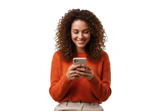 A young woman with curly brown hair smiling while looking at her smartphone, isolated on transparent background