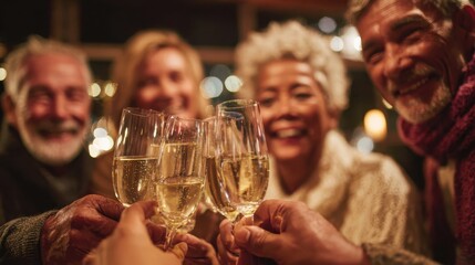 group of older happy friends toasting with champagne during new years eve no logos no brands ar 169