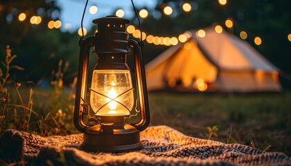 Warm Lantern Light Illuminates Cozy Camping Scene at Night