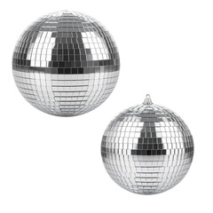 Fototapeta premium Shiny spherical disco ball with reflective mirror surface on white background