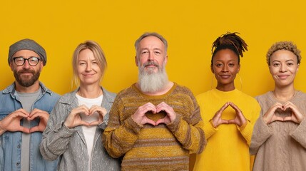 group of people show love and sympathy make heart gesture express gratitude being thankful for something isolated over yellow studio background collage composition body language concept no logos no b