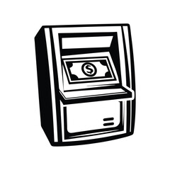 Black and white money machine shows dollar bill being dispensed by an ATM
