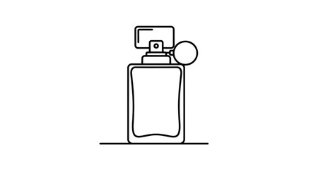 Line art illustration of a rectangular perfume bottle with a spray top and a spherical orb