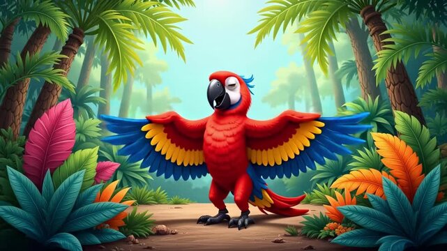 Animated parrot flapping wings in jungle, vibrant colors and tropical scene add excitement and fun