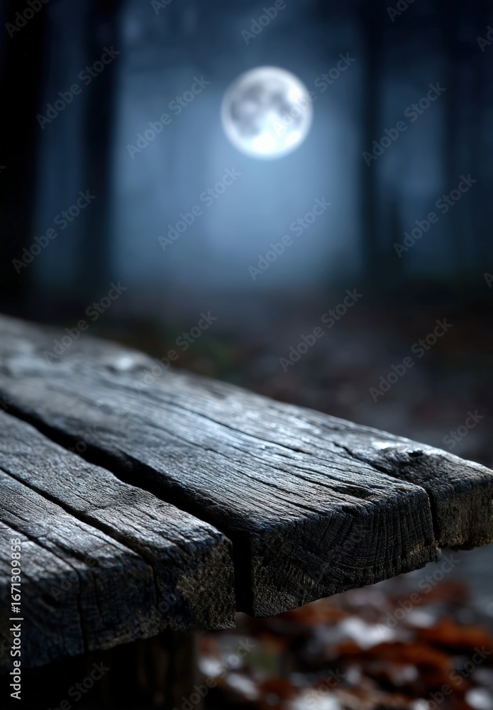 Poster empty table in dark, misty forest at night illuminated by large full moon, creating mysterious and s