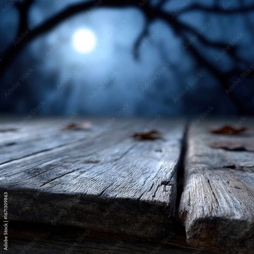 Poster empty wooden table set against a spooky forest backdrop, illuminated by a full moon, creating an ide