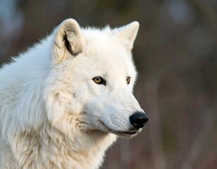 Obraz premium Close-up portrait of an arctic wolf, its white fur highlighted by the sunlight, against a blurred background