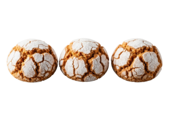 Three classic golden-brown Italian amaretti cookies in a neat row, deeply cracked and powdered, on a clean transparent background with soft studio lighting, concept of gourmet dessert