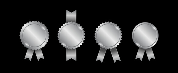 Silver medals with ribbons set vector illustration. 3d realistic award seals isolated on black background. Element for labels, certificates, badges, winners.
