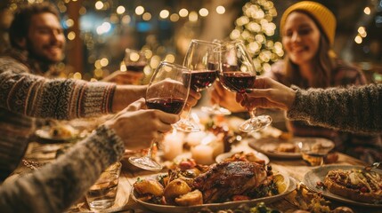 holidays and celebration concept  happy friends having christmas dinner at home and drinking red wine no logos no brands ar 169